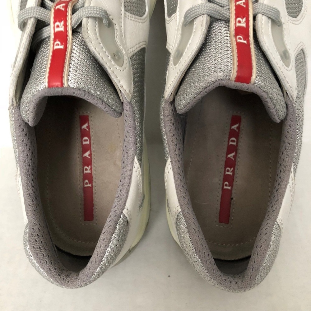 Prada Sneakers  Non-slip White Silver Calf Leather Distressed Used Pradas. - Picture 6 of 8